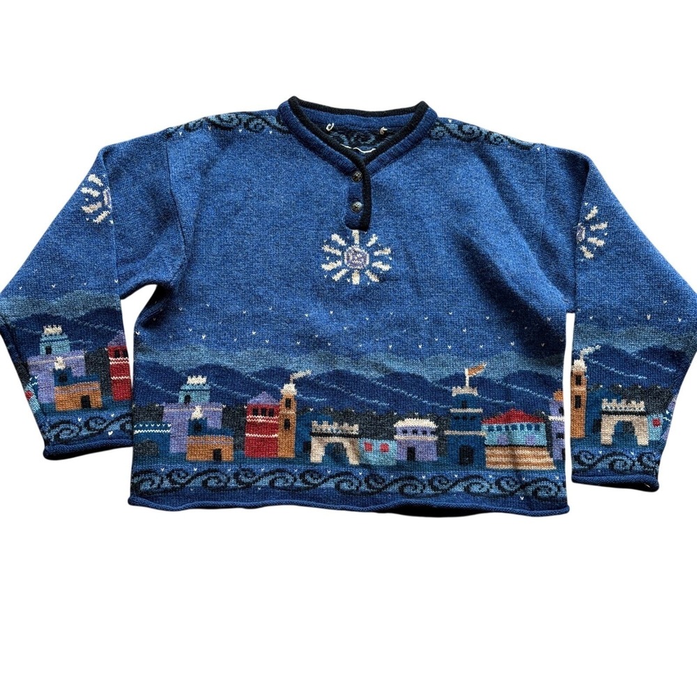 Vtg Scenic Village Knit Wool Henley Sweater Blue Sun Landscape‎ Metal Buttons L